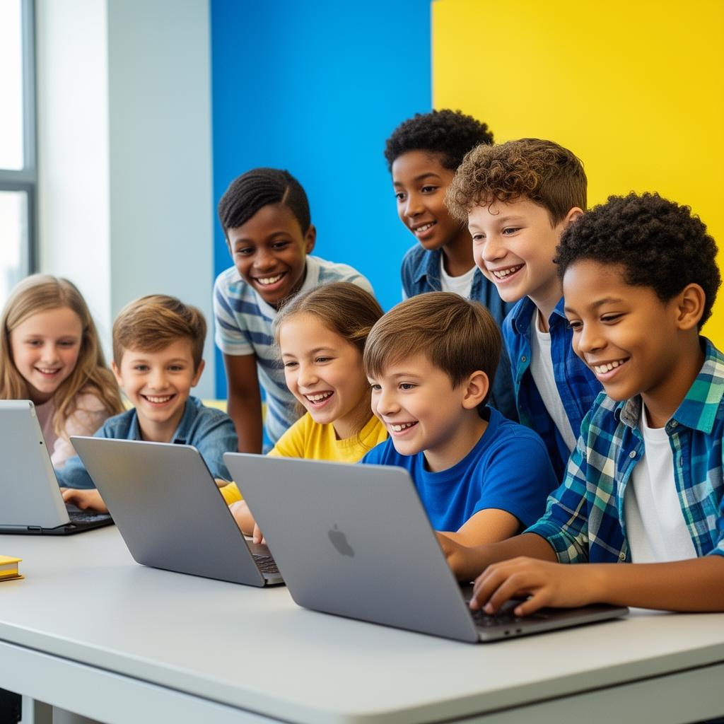 Diverse group of kids smiling while coding together on laptops